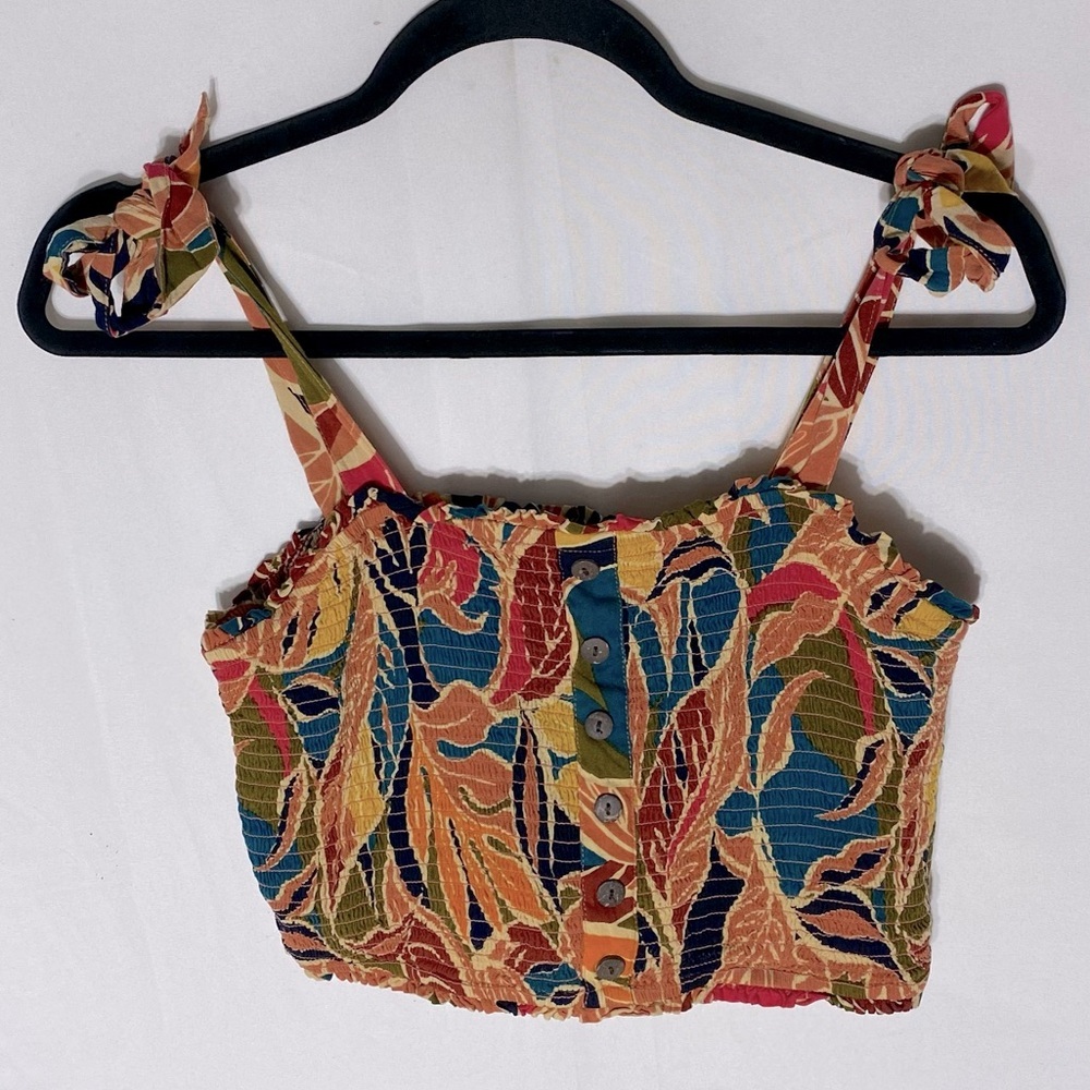 Patrons of Peace Colorful Leaf Print Smocked Cropped Tank Top M